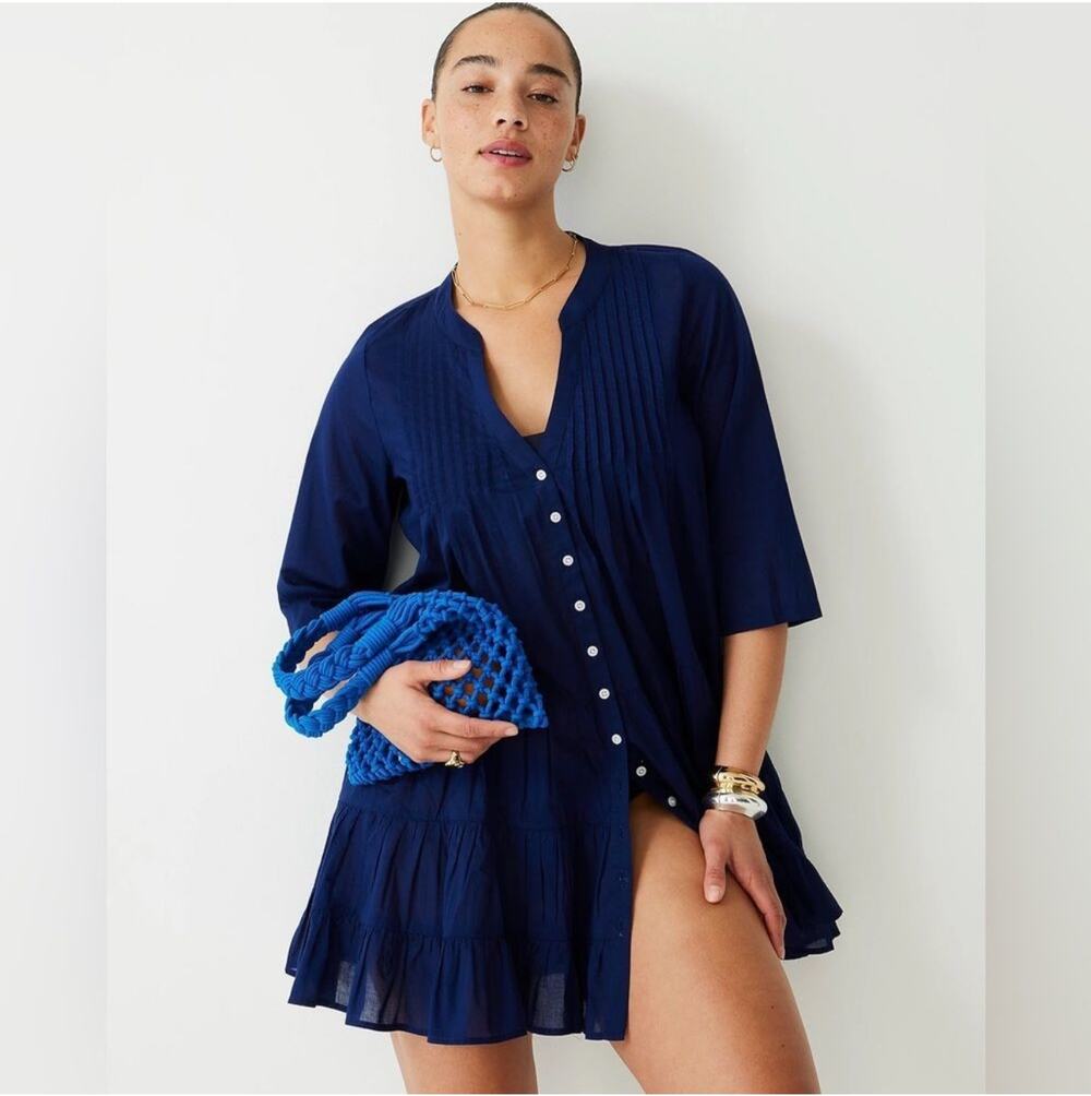 J.Crew Cover Up Dress Womens Medium Navy Blue Button Front Tiered Cotton Swim